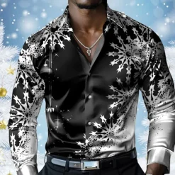 Sale OUKU Christmas Men's Snowflake Satin Shirt Dress Shirt Button Up Shirt Long Sleeve Casual Vacation Party Evening Wear Dailywear Summer Spring Fall Collared Shirts 3D Print Yellow Red Blue Purple Green