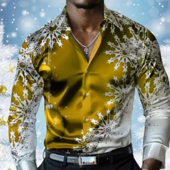 Sale OUKU Christmas Men's Snowflake Satin Shirt Dress Shirt Button Up Shirt Long Sleeve Casual Vacation Party Evening Wear Dailywear Summer Spring Fall Collared Shirts 3D Print Yellow Red Blue Purple Green