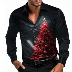 Best OUKU Christmas Men's Tree Shirt Dress Shirt Button Up Shirt Long Sleeve Casual Fashion Casual Vacation Party Evening Wear Dailywear Summer Spring Fall Collared Shirts 3D Print Light Blue Black Blue Purple