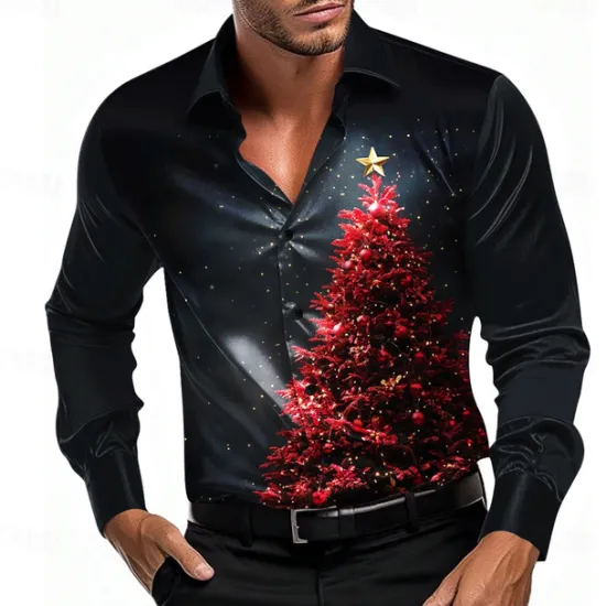 Best OUKU Christmas Men's Tree Shirt Dress Shirt Button Up Shirt Long Sleeve Casual Fashion Casual Vacation Party Evening Wear Dailywear Summer Spring Fall Collared Shirts 3D Print Light Blue Black Blue Purple