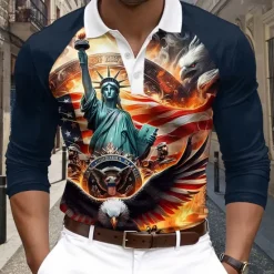 Discount OUKU Christmas Men's USA Statue Of Liberty Polo Shirts Golf Polos Shirts Long Sleeve Polo Shirts Collar Casual Vacation Street Dailywear Buttons 3D Print Spring & Summer Dark Blue