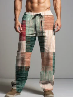 New OUKU Christmas Patchwork Pants Mens Graphic Stripe Geometry Casual 3D Print Trousers Outdoor Street Going Polyester Yellow Pink Orange Mid Waist Elasticity Squares Brown Cotton Abstract