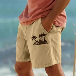Online OUKU Coconut Tree Men's Cotton Linen Shorts Summer Hawaiian Shorts Beach Shorts Print Drawstring Elastic Waist Breathable Soft 10% Linen Shorts Casual Daily Holiday Streetwear