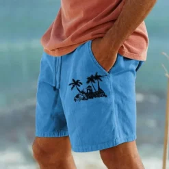 Online OUKU Coconut Tree Men's Cotton Linen Shorts Summer Hawaiian Shorts Beach Shorts Print Drawstring Elastic Waist Breathable Soft 10% Linen Shorts Casual Daily Holiday Streetwear