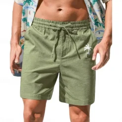 Online OUKU Coconut Tree Men's Cotton Linen Shorts Summer Hawaiian Shorts Beach Shorts Print Drawstring Elastic Waist Breathable Soft 10% Linen Shorts Casual Daily Holiday Streetwear
