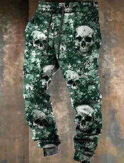 Sale OUKU Cool Skulls Camo Punk 3D Print Men's Side Pockets Elastic Drawstring Design Sweatpants Joggers Pants Trousers Outdoor Sports & Outdoor Street Polyester Blue Brown Green S