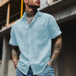 Clearance OUKU Cotton And Linen Classic Men's Shirt Linen Shirt Summer Shirt Beach Shirt Button Up Shirt Black White Blue Short Sleeve Plain Turndown Summer Vacation Holiday Clothing Apparel