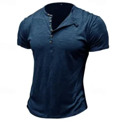 Clearance OUKU 100%Cotton Men's T Shirt Henley Shirt Tee Short Sleeve Shirt Tee Top Plain Vintage Designer Basic Button Up Henley Vacation Street Casual Daily Spring Summer Black White Light Green Henley T-Shirt