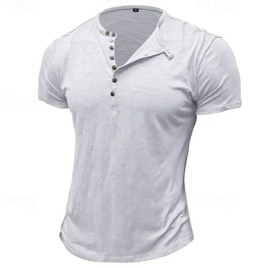 Clearance OUKU 100%Cotton Men's T Shirt Henley Shirt Tee Short Sleeve Shirt Tee Top Plain Vintage Designer Basic Button Up Henley Vacation Street Casual Daily Spring Summer Black White Light Green Henley T-Shirt