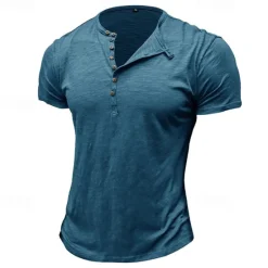 Clearance OUKU 100%Cotton Men's T Shirt Henley Shirt Tee Short Sleeve Shirt Tee Top Plain Vintage Designer Basic Button Up Henley Vacation Street Casual Daily Spring Summer Black White Light Green Henley T-Shirt