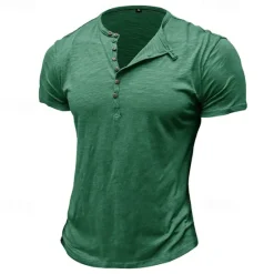 Clearance OUKU 100%Cotton Men's T Shirt Henley Shirt Tee Short Sleeve Shirt Tee Top Plain Vintage Designer Basic Button Up Henley Vacation Street Casual Daily Spring Summer Black White Light Green Henley T-Shirt