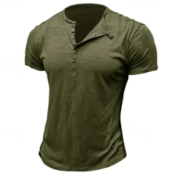 Clearance OUKU 100%Cotton Men's T Shirt Henley Shirt Tee Short Sleeve Shirt Tee Top Plain Vintage Designer Basic Button Up Henley Vacation Street Casual Daily Spring Summer Black White Light Green Henley T-Shirt