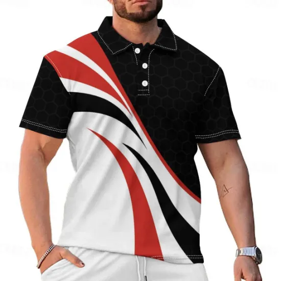 Discount OUKU 3D Line Men's Casual Print Polo Set Casual Daily Wear 95% Polyester 5% Spandex Short Sleeve Turndown Polo Shirts Spring & Summer S M L Micro-elastic Lapel Polo White
