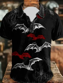 Hot OUKU Day of the Dead Men's Bat Skulls Polo Short Sleeve Polo Shirts Collared Shirts Vintage Casual Dark Athleisure Daily Wear Festival Outfit Buttons Summer Black Dark Blue Gray