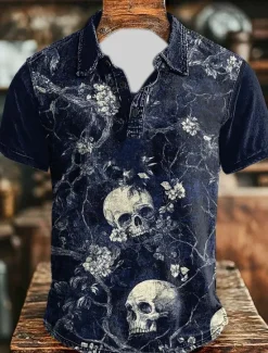 Hot OUKU Day of the Dead Men's Bat Skulls Polo Short Sleeve Polo Shirts Collared Shirts Vintage Casual Dark Athleisure Daily Wear Festival Outfit Buttons Summer Black Dark Blue Gray