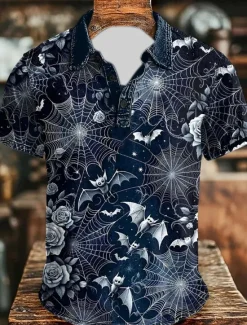 Hot OUKU Day of the Dead Men's Bat Skulls Polo Short Sleeve Polo Shirts Collared Shirts Vintage Casual Dark Athleisure Daily Wear Festival Outfit Buttons Summer Black Dark Blue Gray
