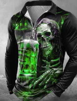 Outlet OUKU Day of the Dead Men's Oktoberfest Beer Skulls Zip Polo Shirts Long Sleeve Polo Shirts Lapel Casual Horror Dark Outdoor Festival Outfit 3D Print Spring Fall Winter Black Red Blue