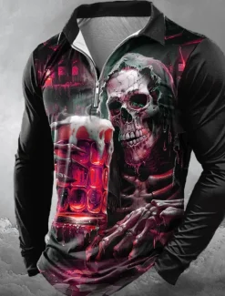 Outlet OUKU Day of the Dead Men's Oktoberfest Beer Skulls Zip Polo Shirts Long Sleeve Polo Shirts Lapel Casual Horror Dark Outdoor Festival Outfit 3D Print Spring Fall Winter Black Red Blue