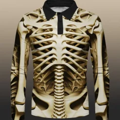 Sale OUKU Day of the Dead Men's Polo Shirts Golf Shirt Long Sleeve Polo Shirts Collared Shirts Casual Horror Festival Wear Party Outfits 3D Print Buttons Fall & Winter Yellow Khaki Gray