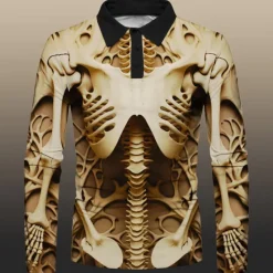 Sale OUKU Day of the Dead Men's Polo Shirts Golf Shirt Long Sleeve Polo Shirts Collared Shirts Casual Horror Festival Wear Party Outfits 3D Print Buttons Fall & Winter Yellow Khaki Gray