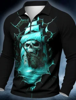 Online OUKU Day of the Dead Men's Ship Skulls Polo Long Sleeve Polo Shirts Casual Dark Outdoor Street Daily Wear 3D Print Quarter Zip Polo Spring Fall Winter Lake blue Red Blue