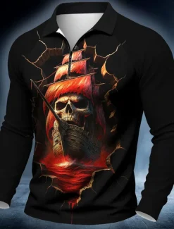 Online OUKU Day of the Dead Men's Ship Skulls Polo Long Sleeve Polo Shirts Casual Dark Outdoor Street Daily Wear 3D Print Quarter Zip Polo Spring Fall Winter Lake blue Red Blue