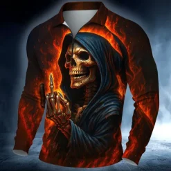 Discount OUKU Day of the Dead Men's Skulls Polo Long Sleeve Polo Shirts Casual Dark Outdoor Street Daily Wear 3D Print Quarter Zip Polo Spring Fall Winter Red Orange Green