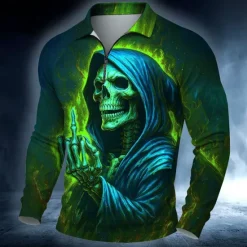 Discount OUKU Day of the Dead Men's Skulls Polo Long Sleeve Polo Shirts Casual Dark Outdoor Street Daily Wear 3D Print Quarter Zip Polo Spring Fall Winter Red Orange Green
