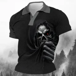 OUKU Day of the Dead Men's Skull Polo Shirts Golf Shirt Short Sleeve Polo Shirts V Neck Horror Streetwear Festival Wear Party Outfits 3D Print Spring & Summer Black