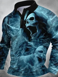 OUKU Day of the Dead Men's Skull Polo Long Sleeve Polo Shirts Lapel Casual Outdoor Street Athleisure Daily Wear 3D Print Buttons Spring Fall Winter Red Blue Purple