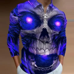 Outlet OUKU Day of the Dead Men's Skull Zip Polo Shirts Golf Shirt Long Sleeve Polo Shirts Collared Shirts Casual Horror Streetwear Festival Wear Party Outfits 3D Print Quarter Zip Polo Yellow Blue Purple