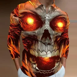 Outlet OUKU Day of the Dead Men's Skull Zip Polo Shirts Golf Shirt Long Sleeve Polo Shirts Collared Shirts Casual Horror Streetwear Festival Wear Party Outfits 3D Print Quarter Zip Polo Yellow Blue Purple