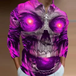 Outlet OUKU Day of the Dead Men's Skull Zip Polo Shirts Golf Shirt Long Sleeve Polo Shirts Collared Shirts Casual Horror Streetwear Festival Wear Party Outfits 3D Print Quarter Zip Polo Yellow Blue Purple