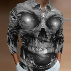 Outlet OUKU Day of the Dead Men's Skull Zip Polo Shirts Golf Shirt Long Sleeve Polo Shirts Collared Shirts Casual Horror Streetwear Festival Wear Party Outfits 3D Print Quarter Zip Polo Yellow Blue Purple