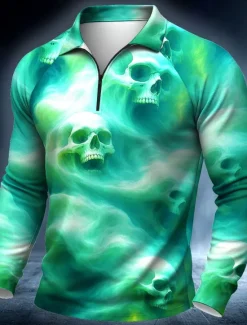 Hot OUKU Day of the Dead Men's Skulls Polo Long Sleeve Polo Shirts Casual Dark Outdoor Street Daily Wear 3D Print Quarter Zip Polo Spring Fall Winter Blue Brown Green