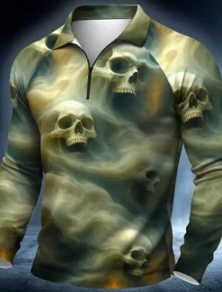 Hot OUKU Day of the Dead Men's Skulls Polo Long Sleeve Polo Shirts Casual Dark Outdoor Street Daily Wear 3D Print Quarter Zip Polo Spring Fall Winter Blue Brown Green