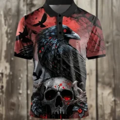Best OUKU Day of the Dead Men's Skull Golf Shirt Short Sleeve Polo Shirts Collared Shirts Casual Horror Streetwear Festival Wear Party Outfits 3D Print Buttons Summer Black