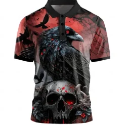 Best OUKU Day of the Dead Men's Skull Golf Shirt Short Sleeve Polo Shirts Collared Shirts Casual Horror Streetwear Festival Wear Party Outfits 3D Print Buttons Summer Black