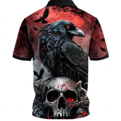 Best OUKU Day of the Dead Men's Skull Golf Shirt Short Sleeve Polo Shirts Collared Shirts Casual Horror Streetwear Festival Wear Party Outfits 3D Print Buttons Summer Black