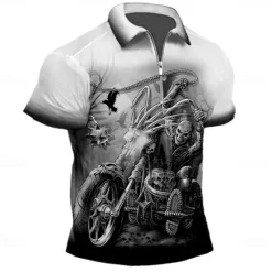 Discount OUKU Day of the Dead Men's Skull Zip Polo Shirts Golf Shirt Short Sleeve Polo Shirts Collared Shirts Horror Streetwear Festival Wear Party Outfits 3D Print Quarter Zip Polo Summer Spring Gray