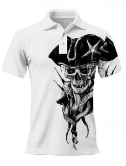 Hot OUKU Day of the Dead Men's Skull Polo Shirts Golf Shirt Short Sleeve Polo Shirts Collared Shirts Casual Horror Festival Wear Party Outfits 3D Print Buttons Spring & Summer White Wine Navy Blue