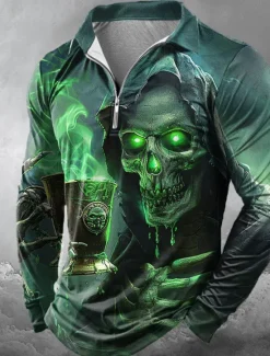 Online OUKU Day of the Dead Men's Skulls Zip Polo Shirts Long Sleeve Polo Shirts Lapel Casual Horror Dark Outdoor Festival Outfit 3D Print Spring Fall Winter Red Blue Purple