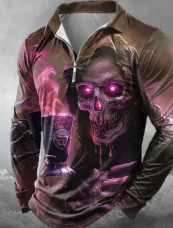 Online OUKU Day of the Dead Men's Skulls Zip Polo Shirts Long Sleeve Polo Shirts Lapel Casual Horror Dark Outdoor Festival Outfit 3D Print Spring Fall Winter Red Blue Purple