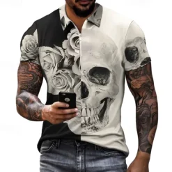 Hot OUKU Day of the Dead Men's Skull Rose Zip Polo Shirts Golf Shirt Short Sleeve Polo Shirts Collared Shirts Casual Horror Streetwear Festival Wear Party Outfits 3D Print Quarter Zip Polo White Purple Green