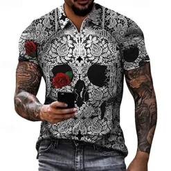 Hot OUKU Day of the Dead Men's Skull Rose Zip Polo Shirts Golf Shirt Short Sleeve Polo Shirts Collared Shirts Casual Horror Streetwear Festival Wear Party Outfits 3D Print Quarter Zip Polo White Purple Green