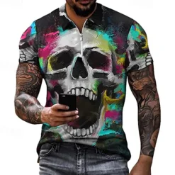 Hot OUKU Day of the Dead Men's Skull Rose Zip Polo Shirts Golf Shirt Short Sleeve Polo Shirts Collared Shirts Casual Horror Streetwear Festival Wear Party Outfits 3D Print Quarter Zip Polo White Purple Green