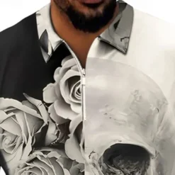 Hot OUKU Day of the Dead Men's Skull Rose Zip Polo Shirts Golf Shirt Short Sleeve Polo Shirts Collared Shirts Casual Horror Streetwear Festival Wear Party Outfits 3D Print Quarter Zip Polo White Purple Green