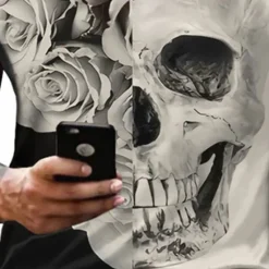 Hot OUKU Day of the Dead Men's Skull Rose Zip Polo Shirts Golf Shirt Short Sleeve Polo Shirts Collared Shirts Casual Horror Streetwear Festival Wear Party Outfits 3D Print Quarter Zip Polo White Purple Green