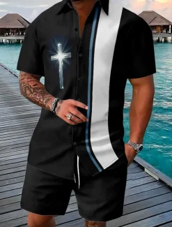 Best OUKU Easter Men's Cross 2pcs Shirts Sets Shirt Set Short Sleeve Short Pants Turndown Vintage Casual Daily Festival Outfit 3D Print Summer Robin's Egg Blue White Orange