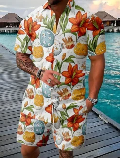 Outlet OUKU Easter Men's Easter Eggs 2pcs Shirts Sets Shirt Set Short Sleeve Short Pants Turndown Casual Outdoor Casual Daily 3D Print Summer Robin's Egg Blue Yellow White